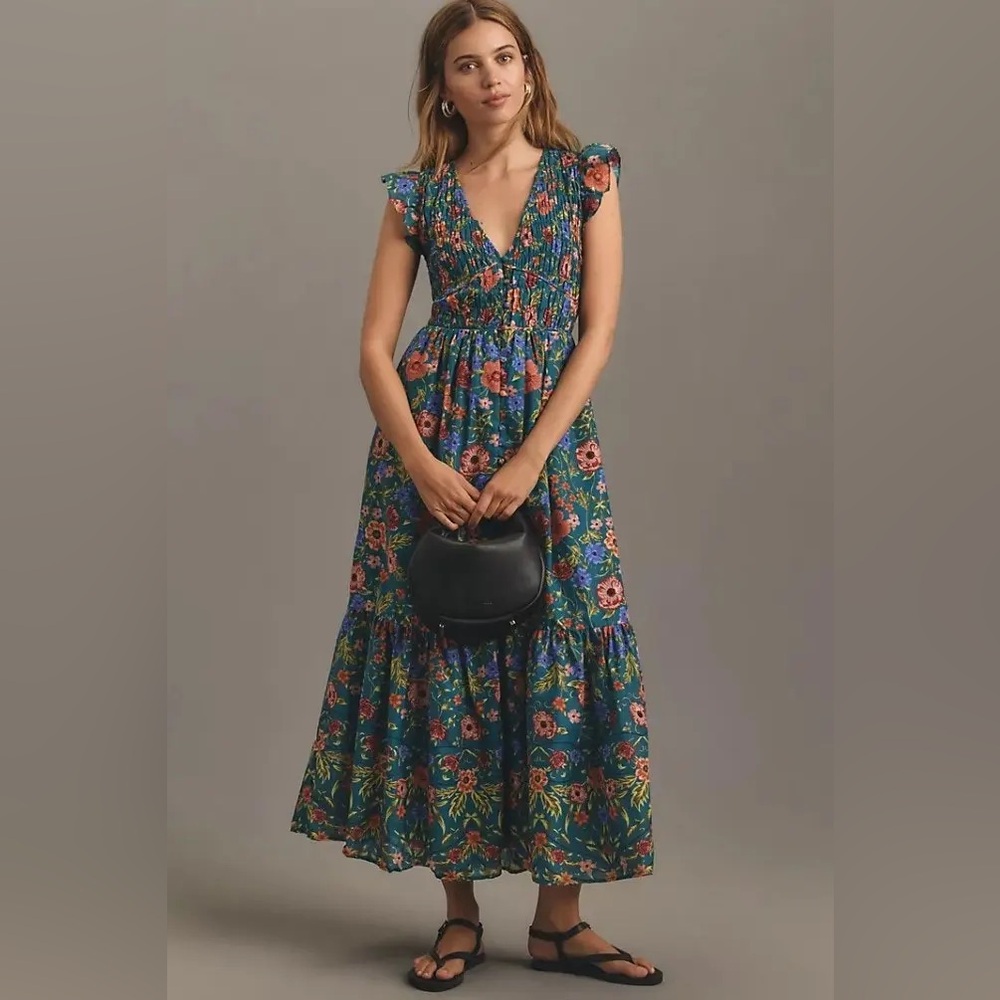 Anthropologie Peregrine Floral Blue Flutter Sleeve Midi Dress Size Large - Picture 13 of 13